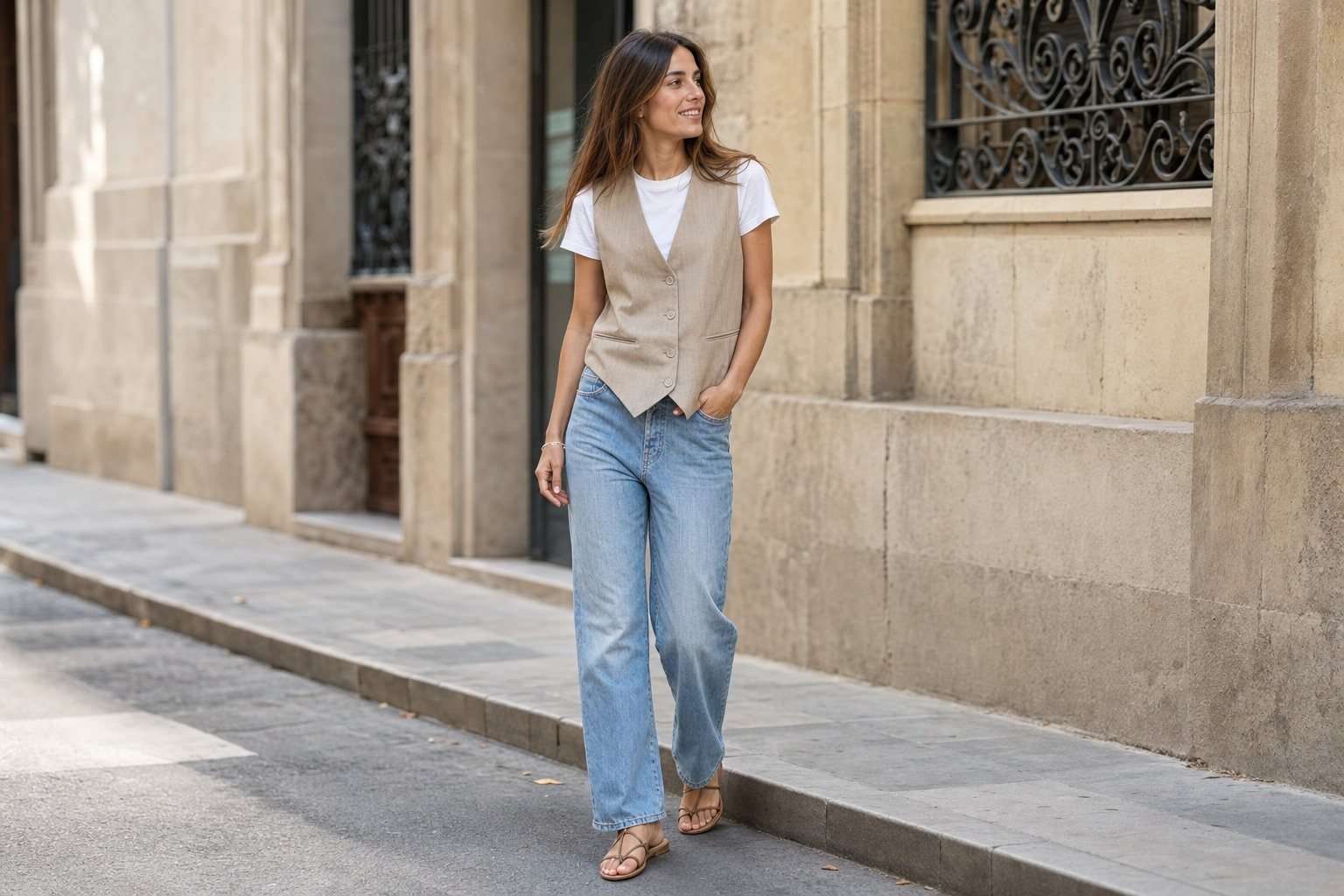 Mujer con chaleco sastre beige, camiseta blanca y vaqueros en una calle luminosa.