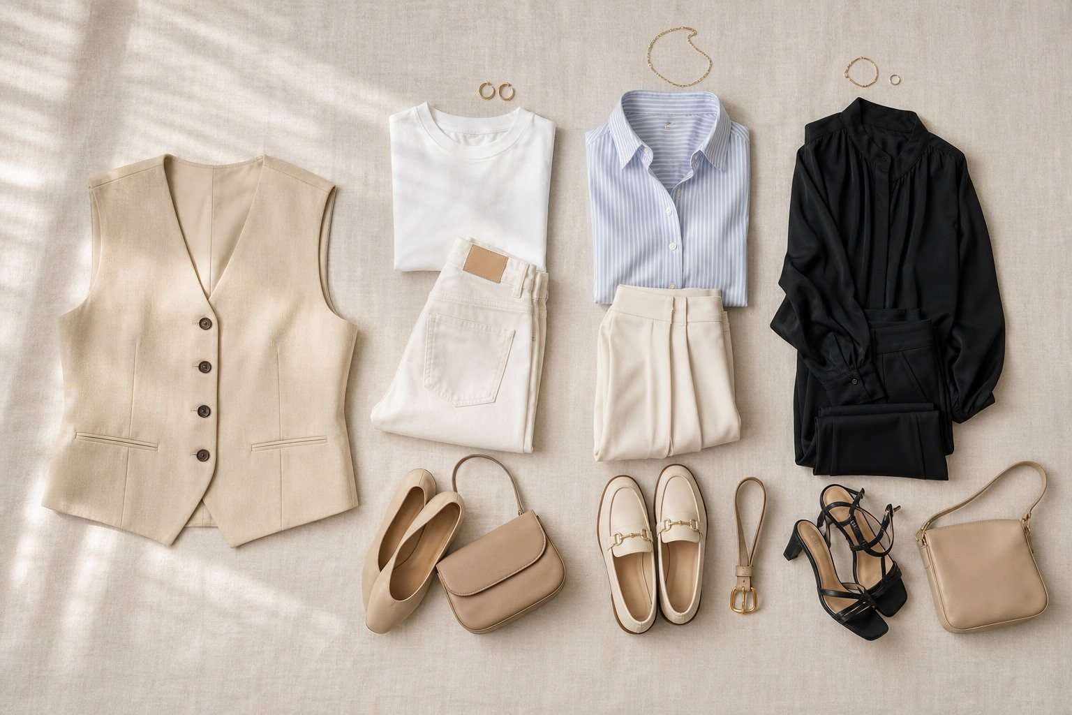 Composición cenital de un chaleco beige con camiseta blanca, camisa de rayas y blusa negra.