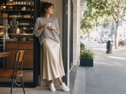 Mujer con falda satinada champán, jersey gris y zapatillas blancas en una cafetería.