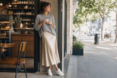 Mujer con falda satinada champán, jersey gris y zapatillas blancas en una cafetería.