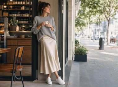 Mujer con falda satinada champán, jersey gris y zapatillas blancas en una cafetería.