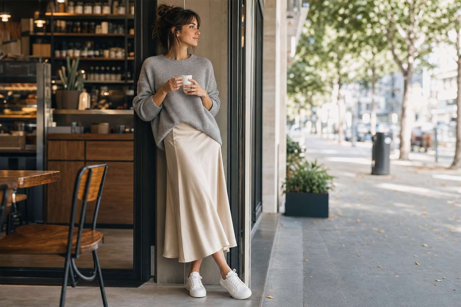 Mujer con falda satinada champán, jersey gris y zapatillas blancas en una cafetería.