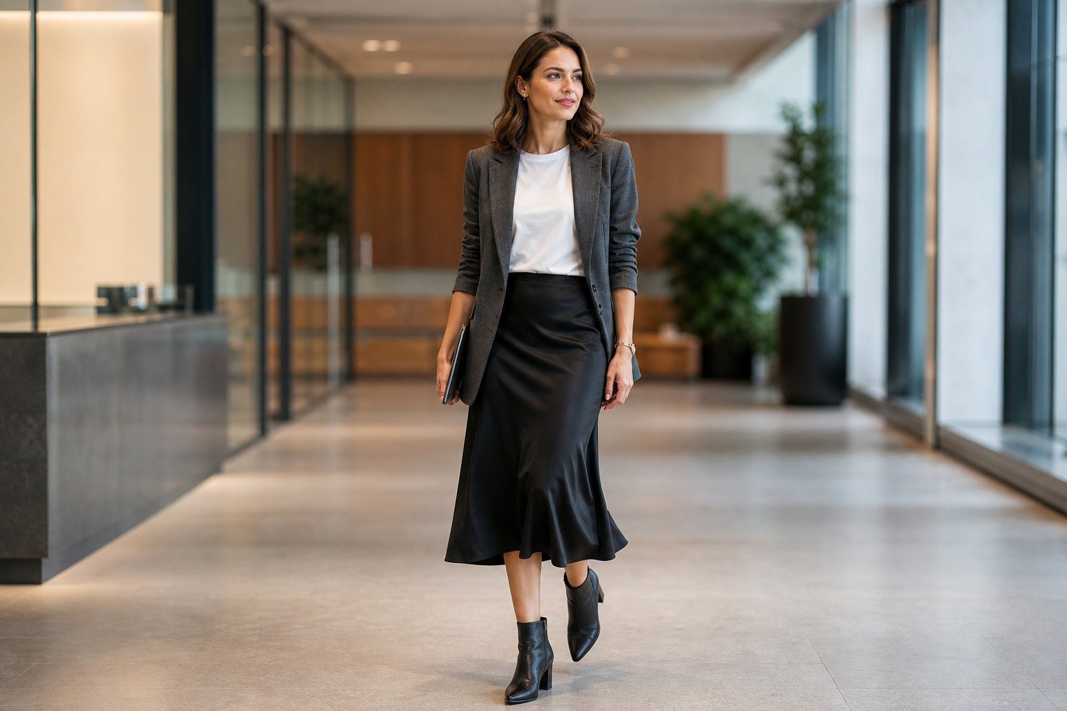 Mujer con falda satinada negra, camiseta blanca, blazer gris y botines en una oficina.