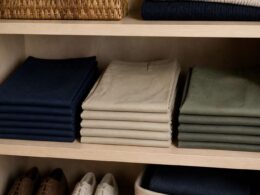 Pantalones doblados por colores en pilas bajas dentro de una balda.