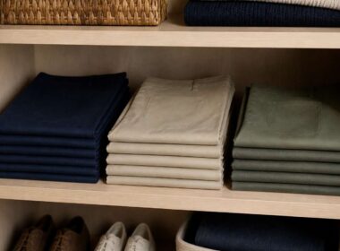 Pantalones doblados por colores en pilas bajas dentro de una balda.