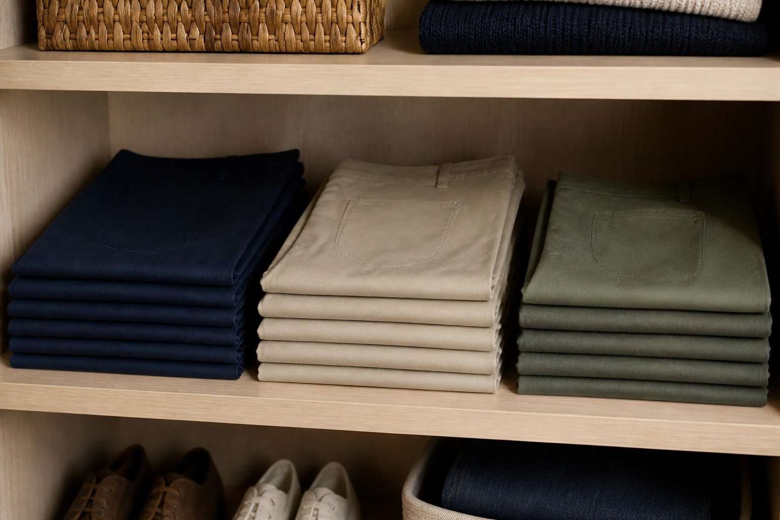 Cómo doblar pantalones para que ocupen menos y conserven la forma — Imagen 1 Pantalones doblados por colores en pilas bajas dentro de una balda.