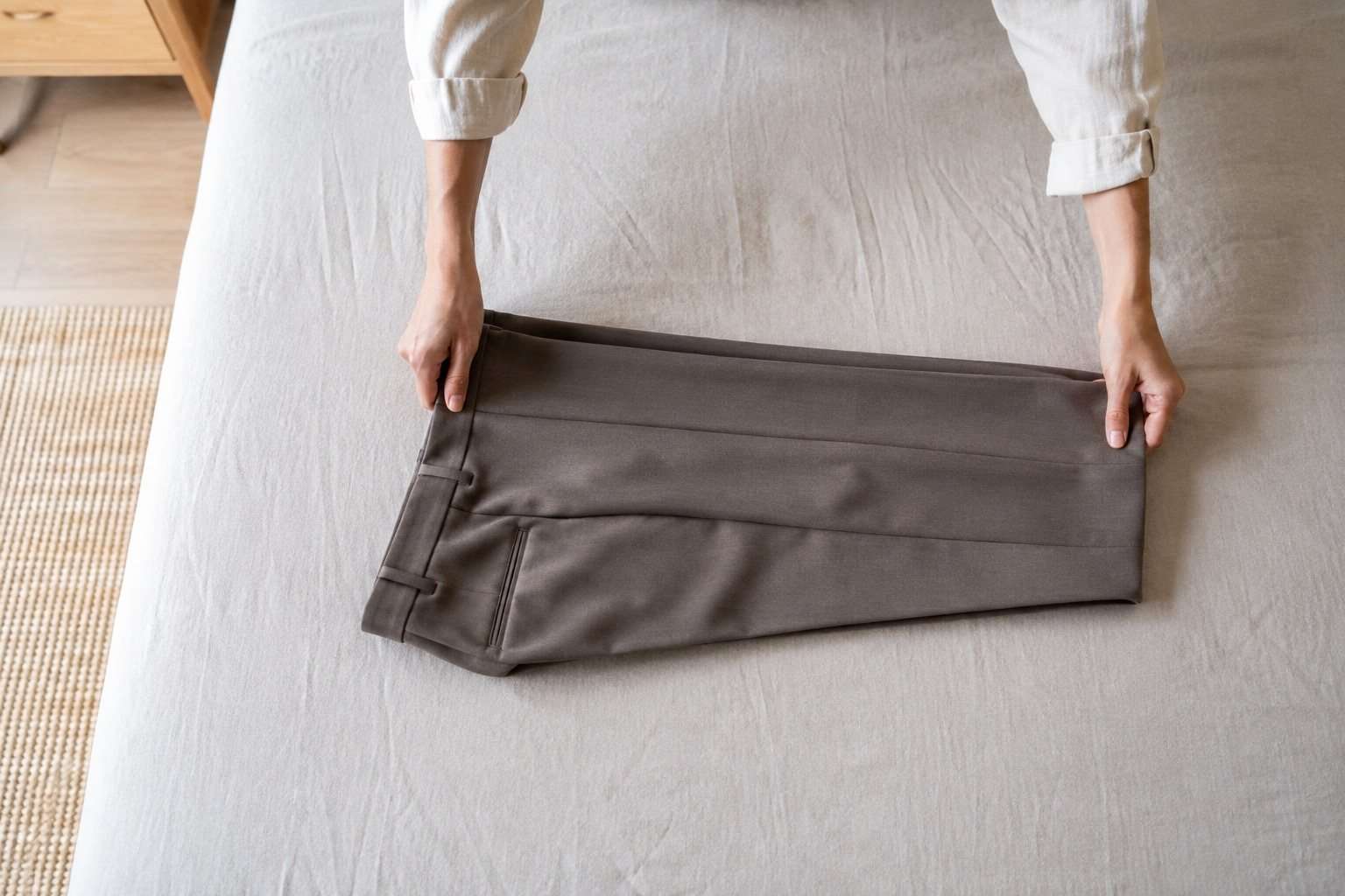 Persona doblando un pantalón de vestir gris sobre una cama.