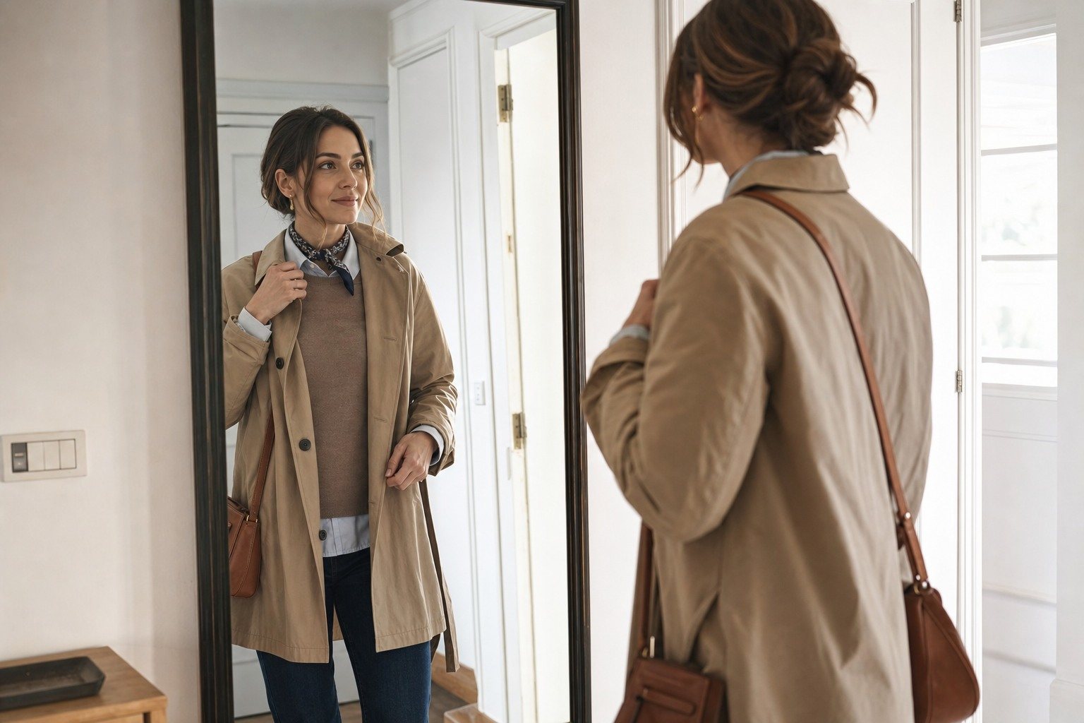 Mujer ajustando un look de capas con gabardina ante el espejo del recibidor.