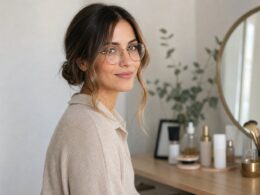 Mujer con gafas de montura fina y moño bajo texturizado junto a un tocador.
