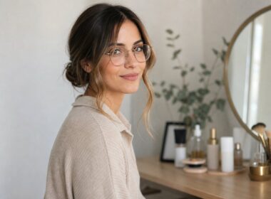 Mujer con gafas de montura fina y moño bajo texturizado junto a un tocador.
