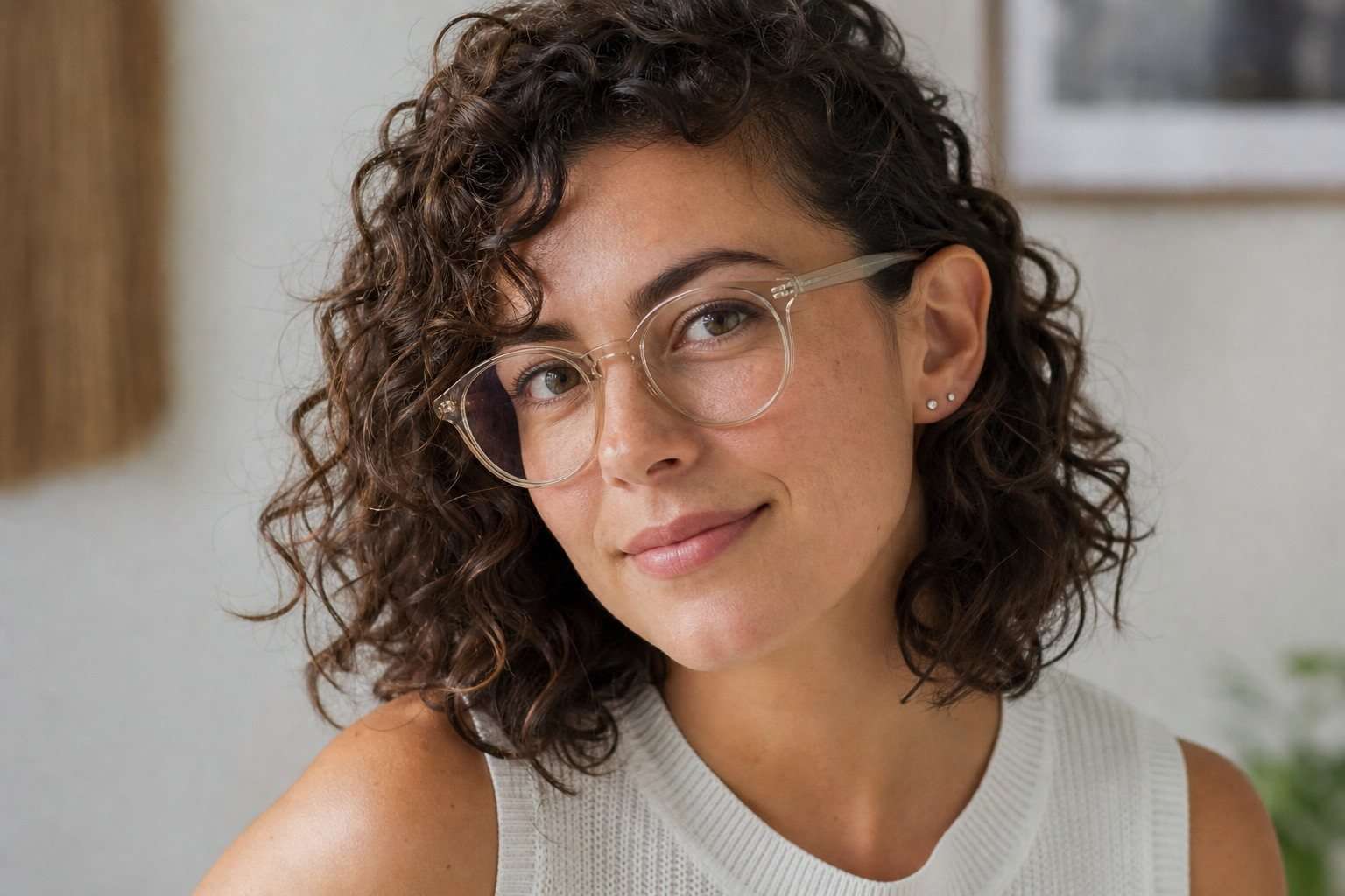 Mujer con gafas transparentes y corte bob rizado con un lateral tras la oreja.