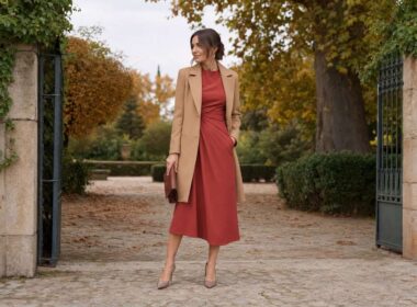Invitada con vestido color teja y abrigo camel en una finca otoñal.
