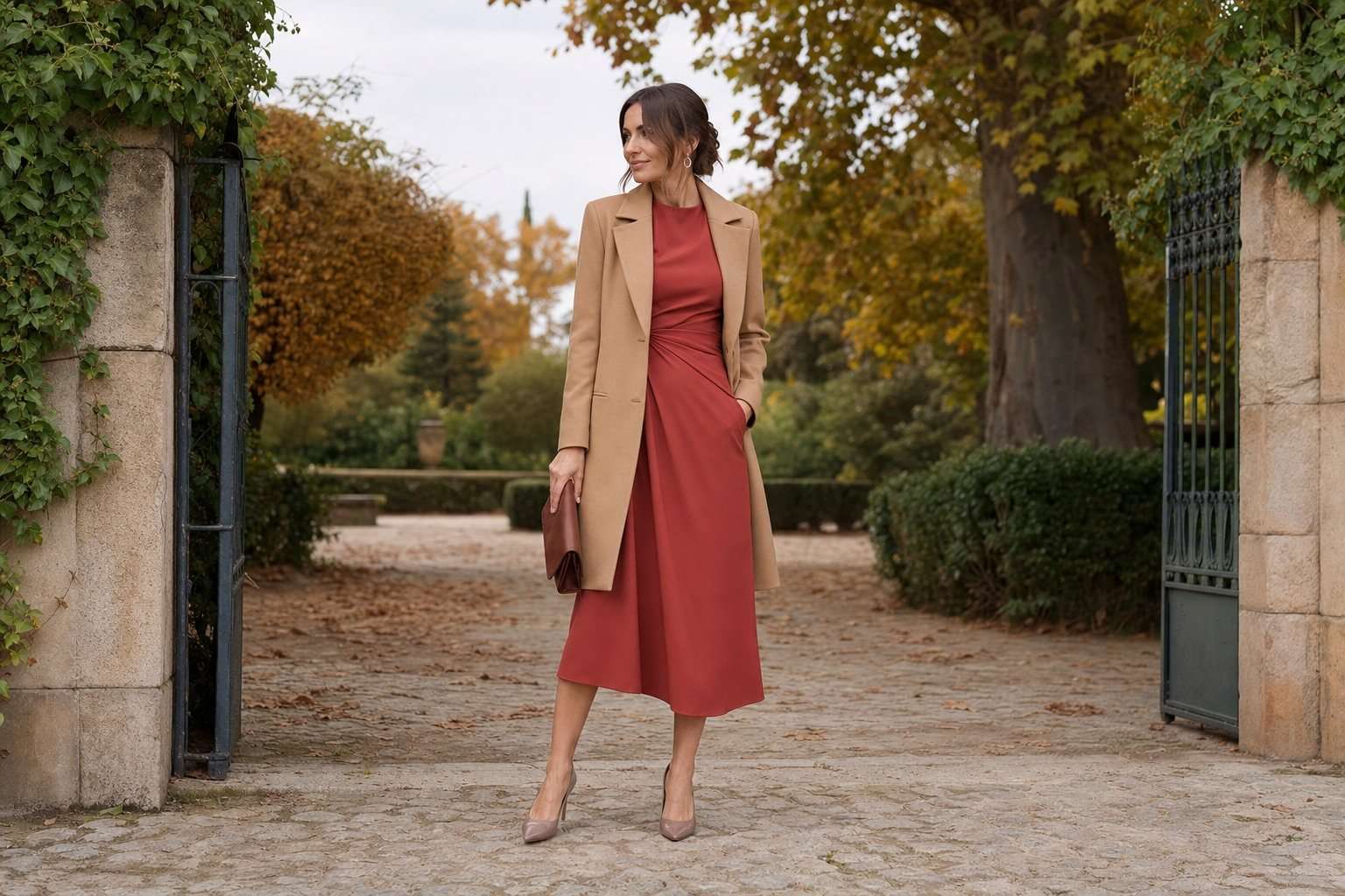 Invitada con vestido color teja y abrigo camel en una finca otoñal.
