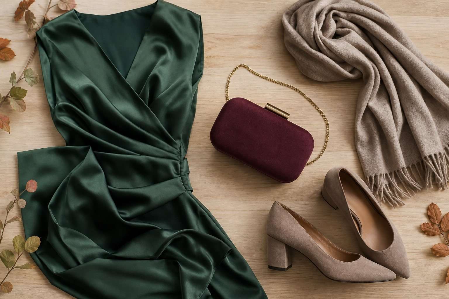 Vestido verde, estola, bolso burdeos y zapatos topo dispuestos sobre madera clara.